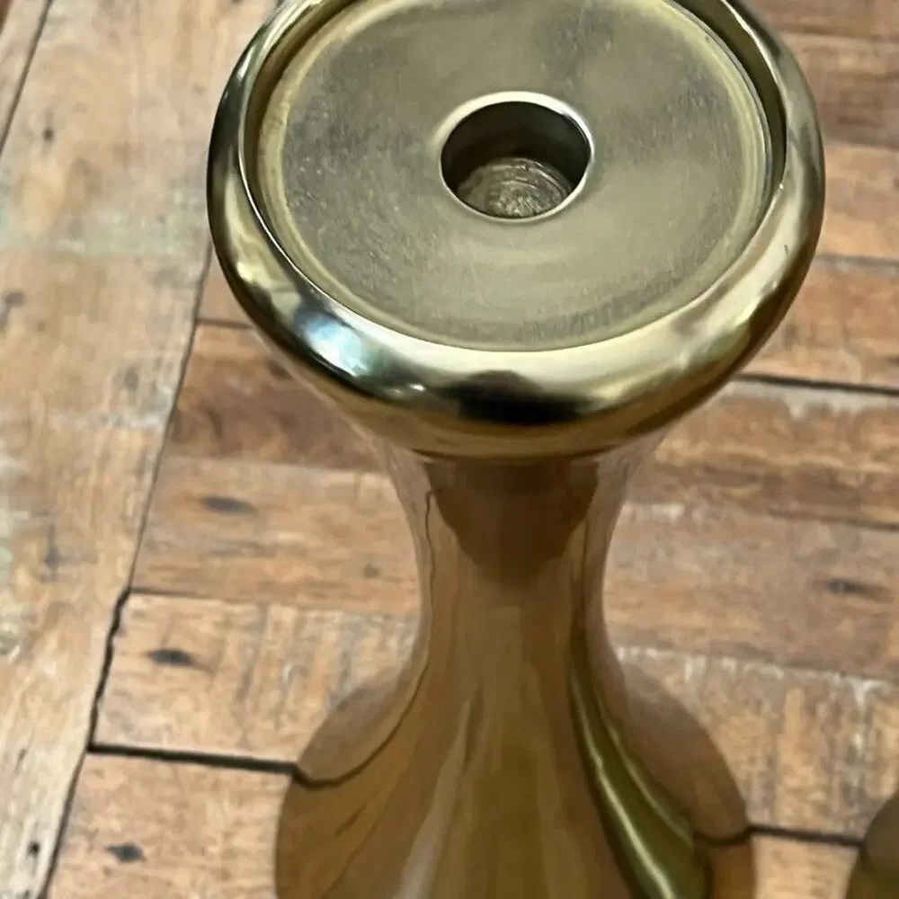 Modern Gold Tone Metal Candlestick Holders Nambe Style 12